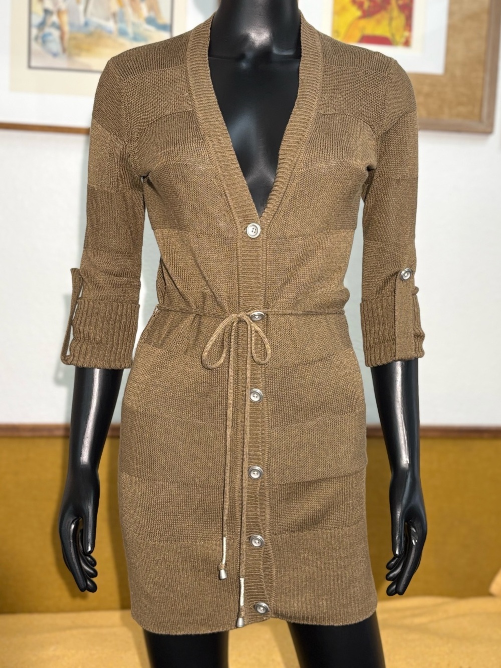 Armani Exchange Olive Brown Linen Blend Knit Cardigan Mini Dress Sz small